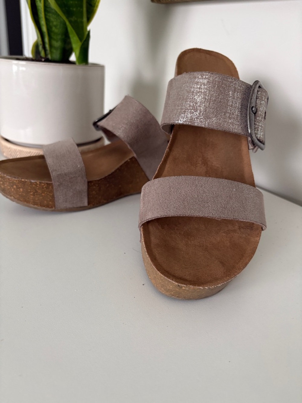 Women's Bjorndal Shimmery Taupe Wedge Slide Sandals with Buckle - Picture 12 of 12